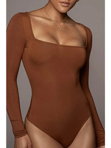 Sexy Square Neck Long Sleeve Body Suit Brown