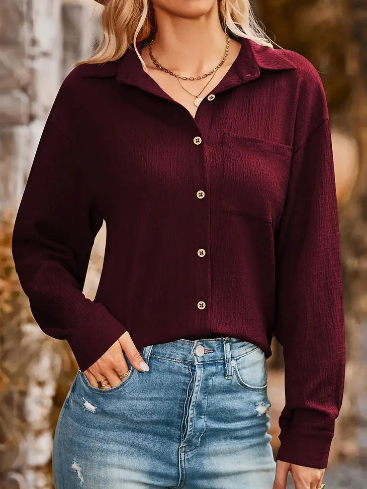 Button Down Long Sleeve Blouse with Pocket Red