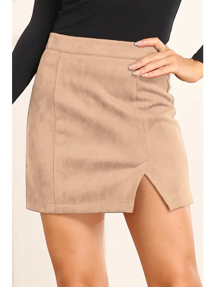Beige High Waisted Faux Suede Zipper Mini Skirt