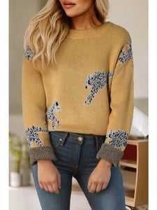 Fuzzy Cheetah Round Neck Sweater