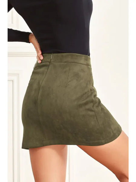 Army Green High Waisted Faux Suede Zipper Mini Skirt