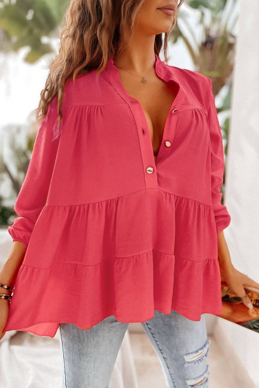 Half Buttoned Ruffle Tiered Blouse
