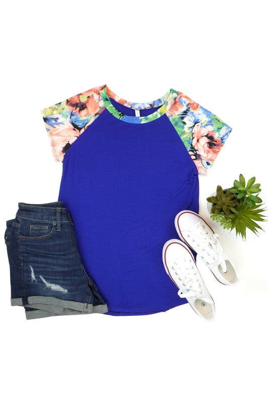 Floral Sleeve Plus Size Top in Royal Blue