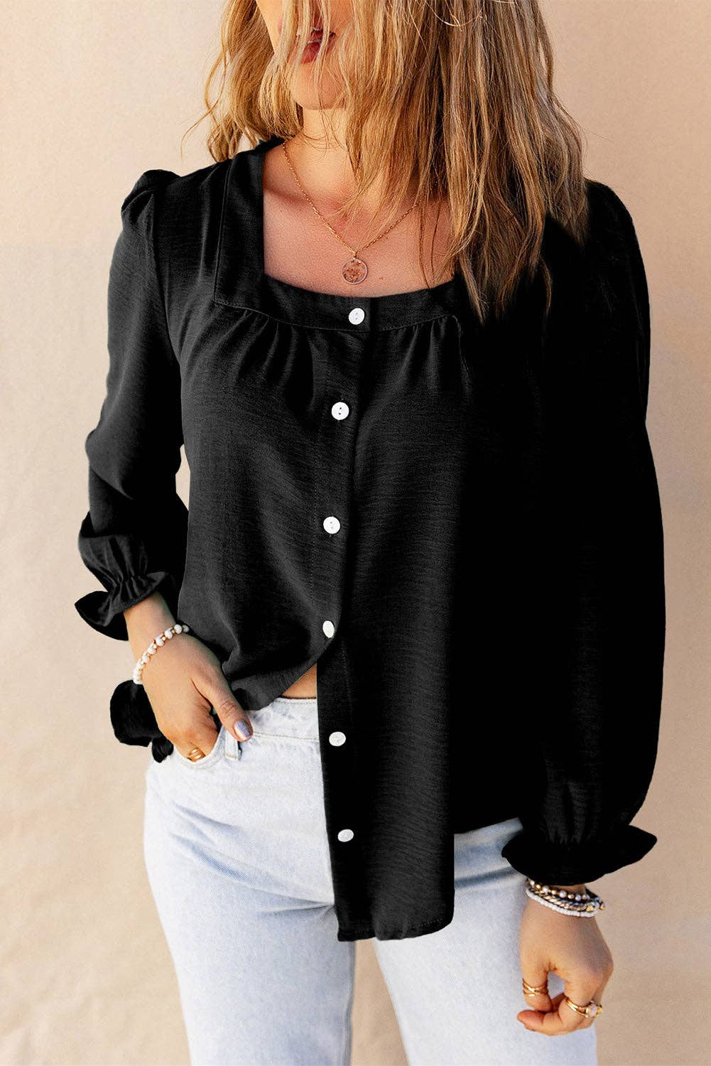 Flounce Sleeve Square Neck Button-Up Shirt
