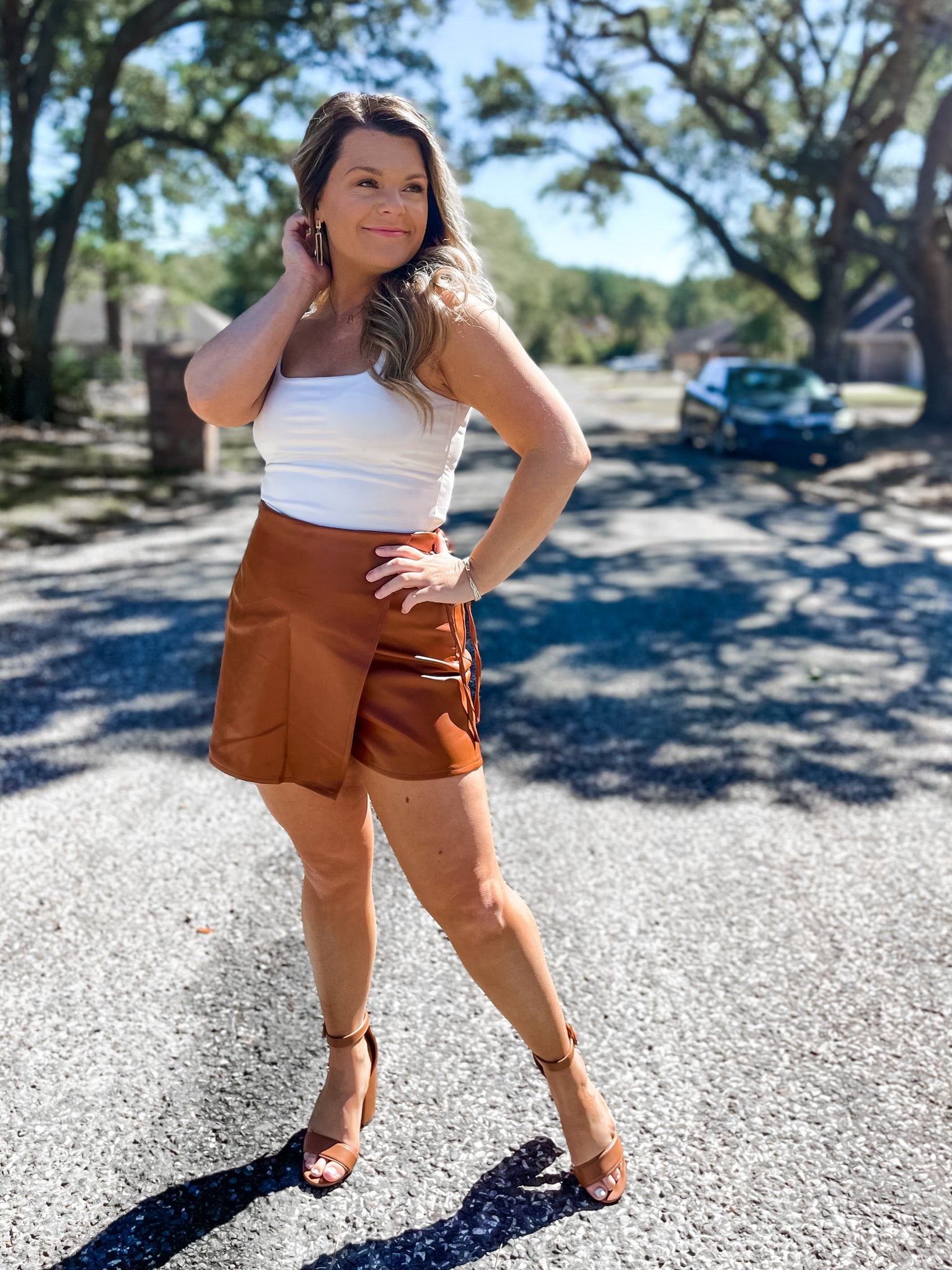 Show Me Your World Faux Leather Wrap Skort in Camel