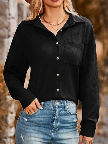 Button Down Long Sleeve Blouse with Pocket Black