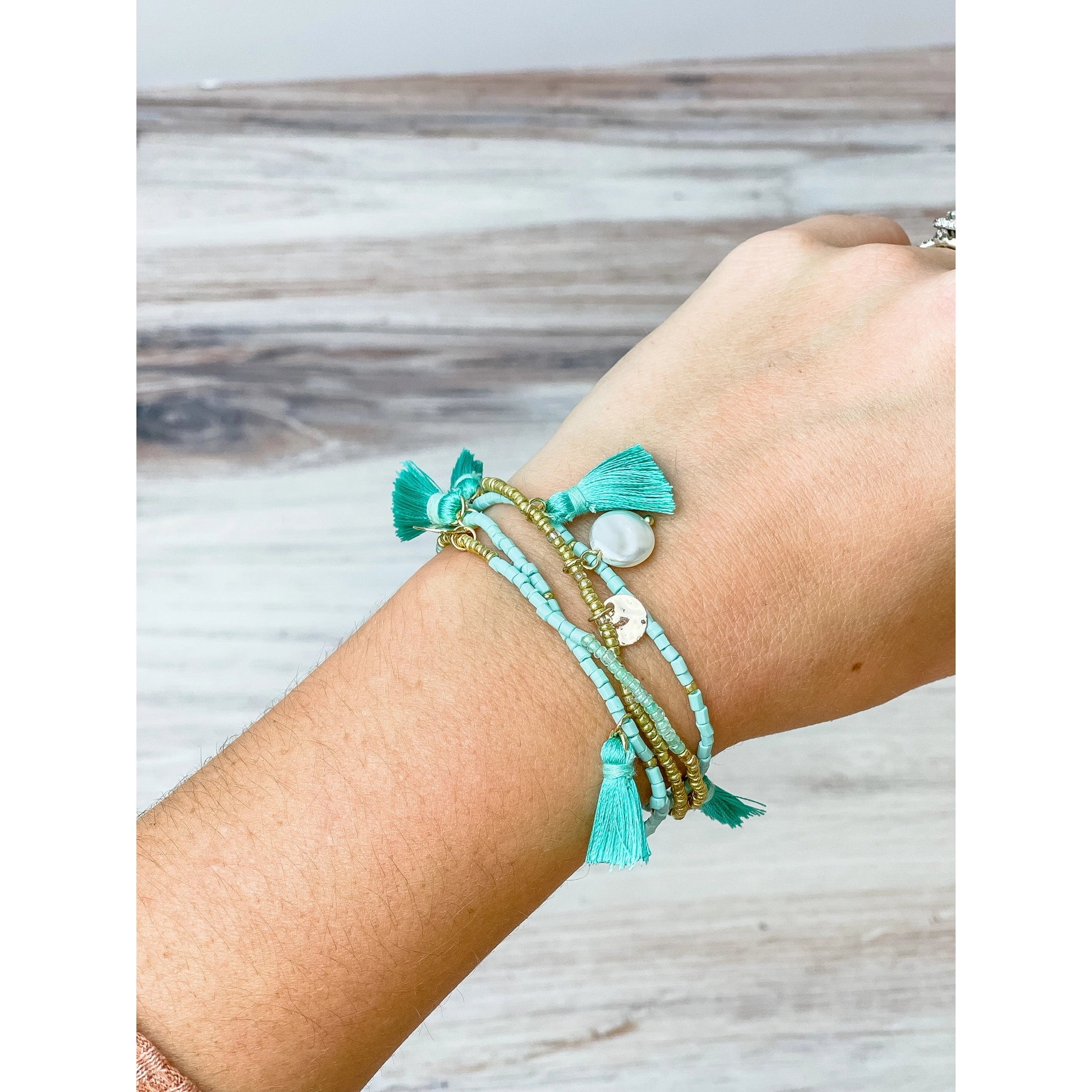 Seed Bead & Tassel Stretch Bracelet Set in Turquoise